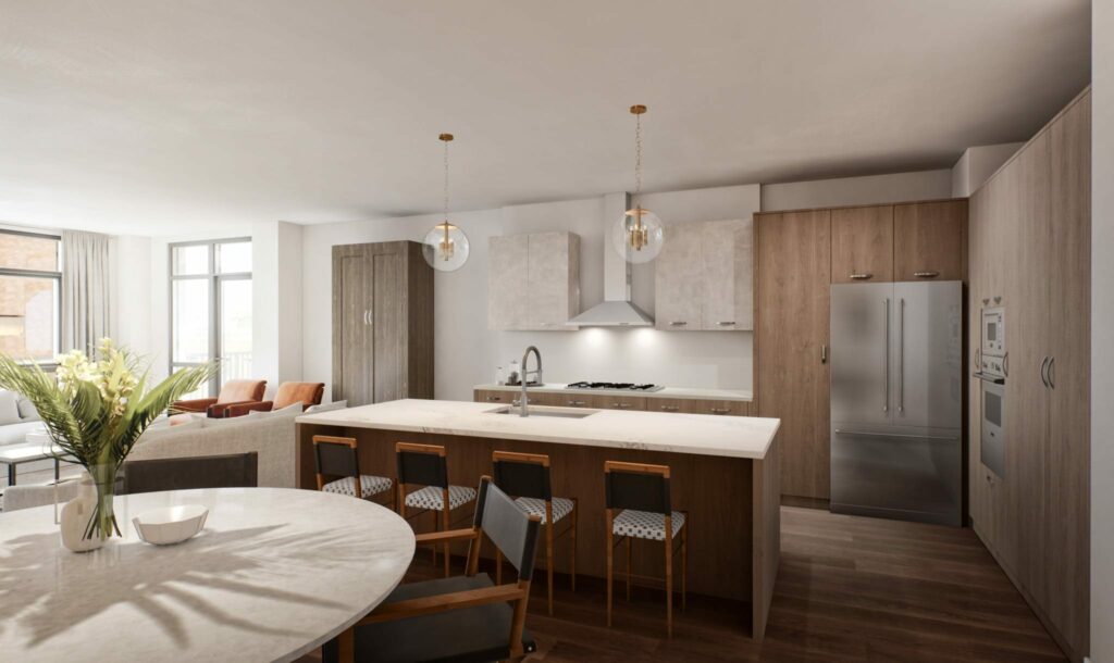 A Wicker Park home rendering from Alcove M.D.P. showing a modern kitchen and open living space.