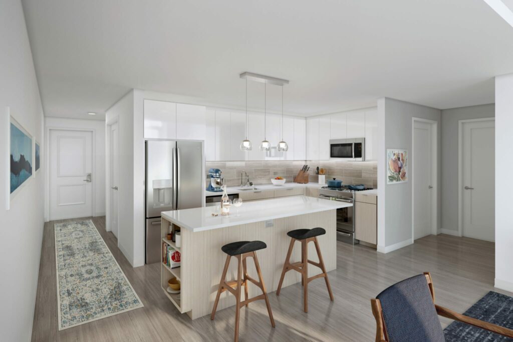These new luxury Lincoln Park apartments feature a distinctive kitchen with sleek finishes and duo-tone cabinetry.