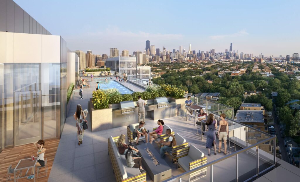 A rendering of the Apartments at Lincoln Common's rooftop amenities.